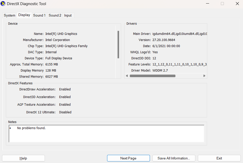 DirectX Diagnostic Tool No problems found