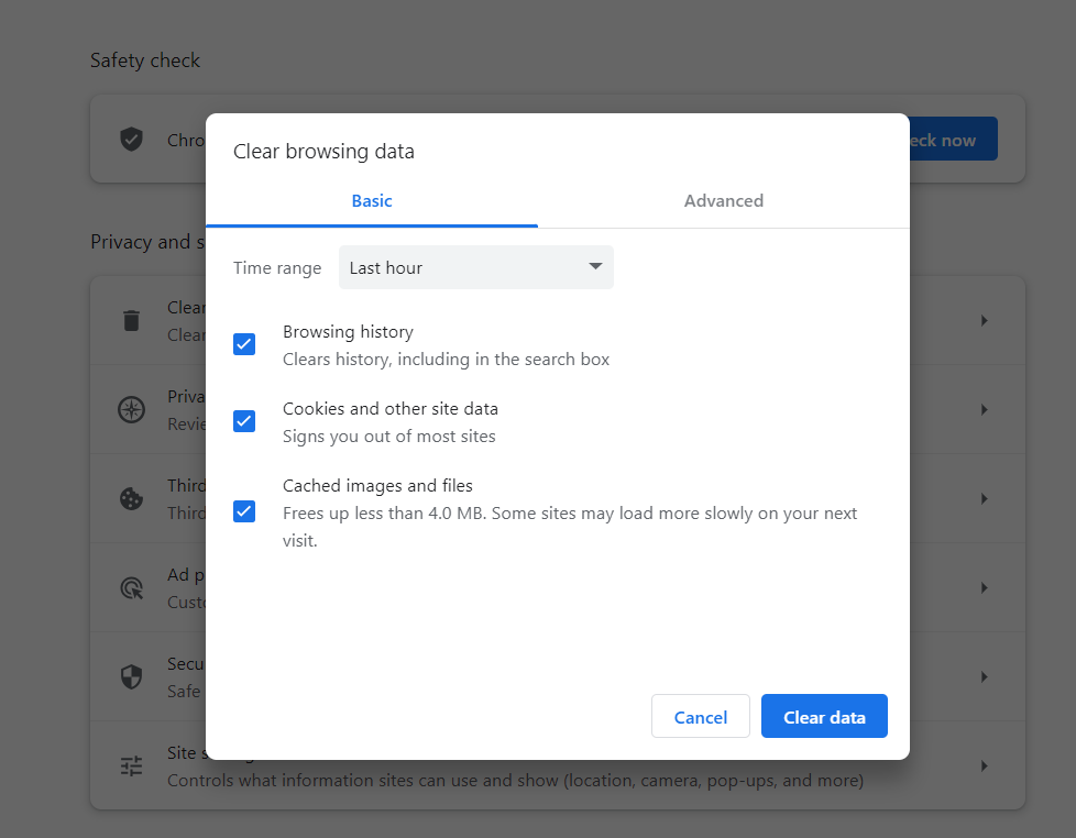 Under <em>Privacy and security</em>, select <em>Clear browsing data</em>