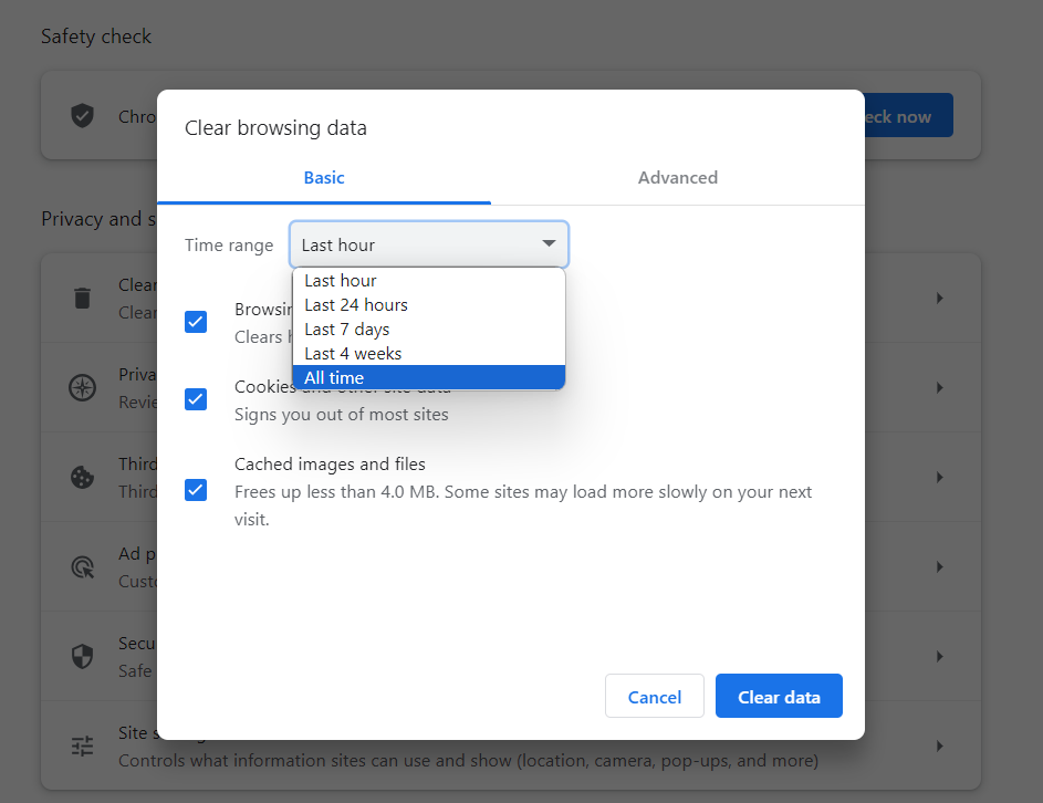Google Chrome clear data settings