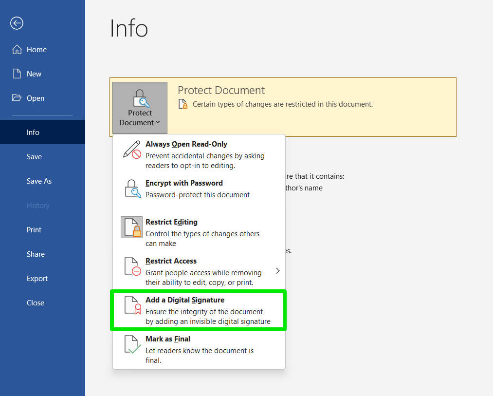 go to the Protect Document drop-down and click “Add a Digital Signature.”