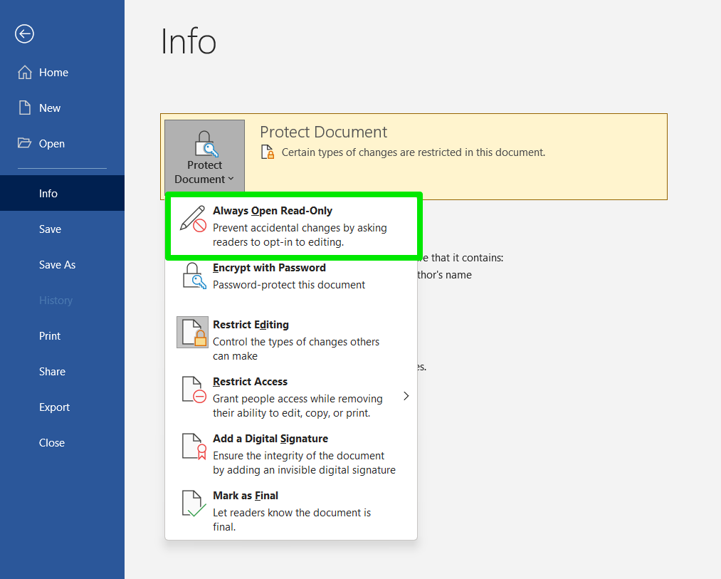 Next, go to the Protect Document drop-down and click “Always Open Read-Only.”