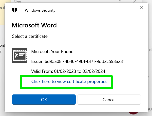 Make sure your certificate is trusted before you continue. To do that, click the Change button and select “Click here to view certificate properties.”