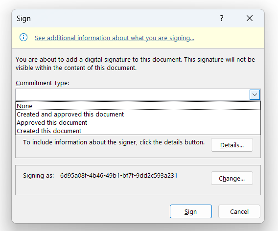 Commitment Type: Choose whether you created and approved, only approved, or only created the document.