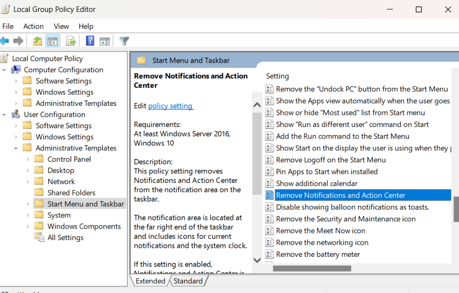 Go to the right side and find the <em>Remove Notifications and Action Center</em> policy