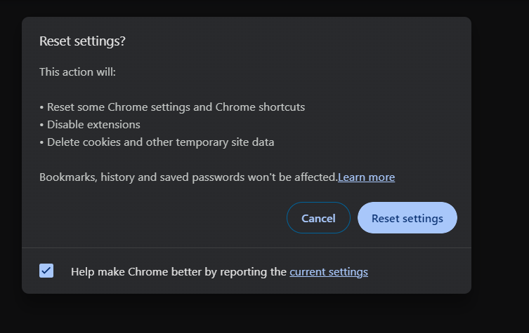 Reset Settings on Google Chrome