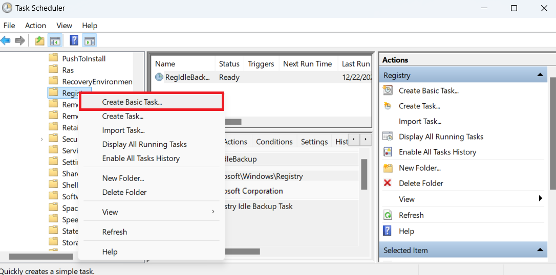 Expand Windows and search for Registry. Then, right-click on it and select Create Basic Task from the context menu