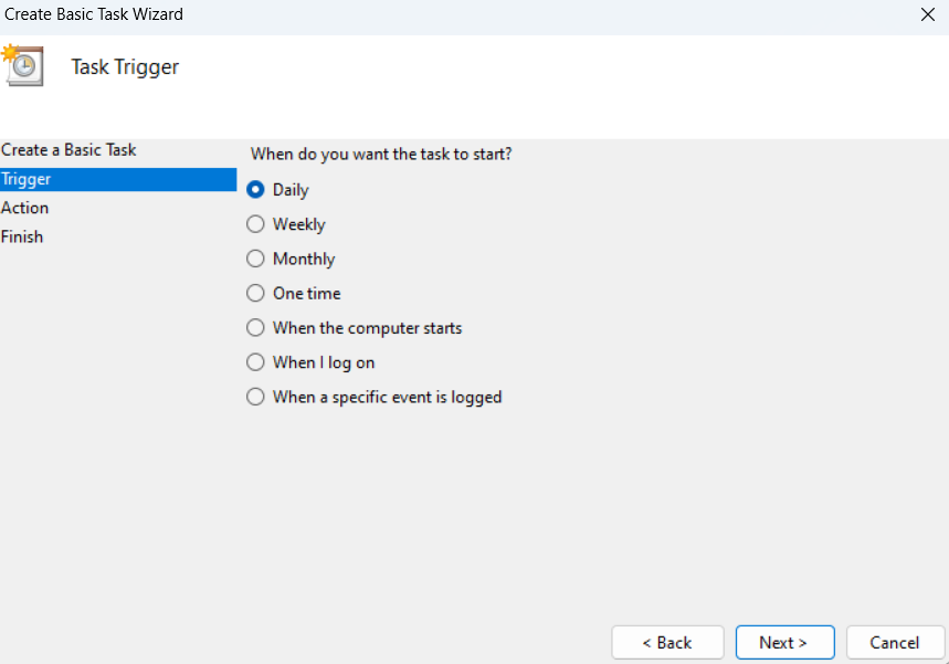 Set the trigger for how often you want the task to run and select Next