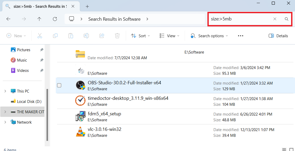 Search for files by size in File Explorer