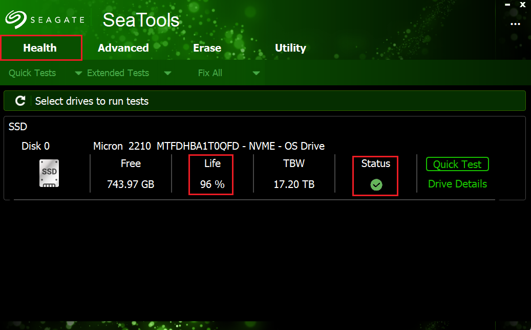 Under the Health tab, note the life percentage and the mark under Status