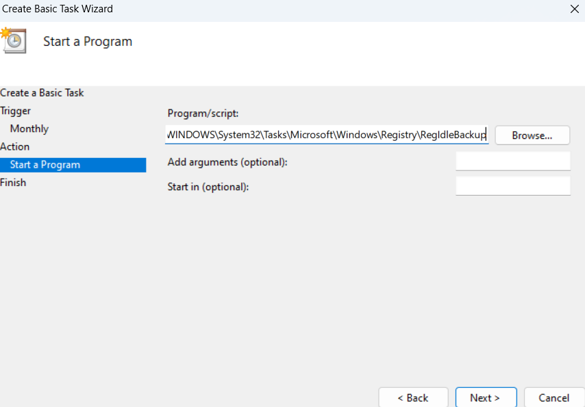Click on Browse and search for Run RegIdleBackup. You can type it in the search field for quicker access
