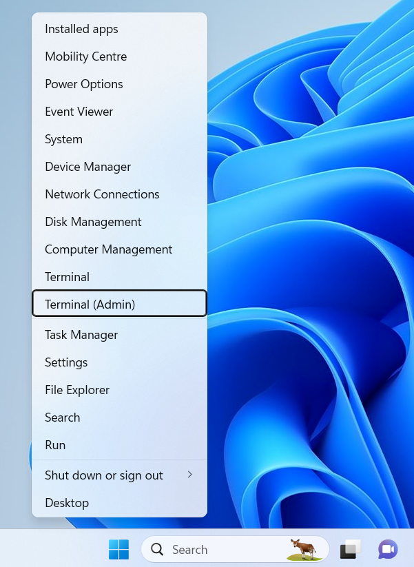 Right-click Start or tap Win + X and click PowerShell (Admin) on Windows 10 or Terminal (Admin) on Windows 11