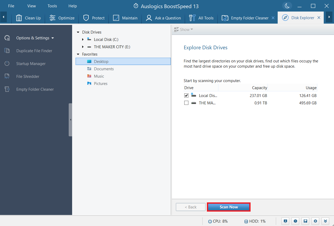 In Auslogics BoostSpeed, click Scan Now
