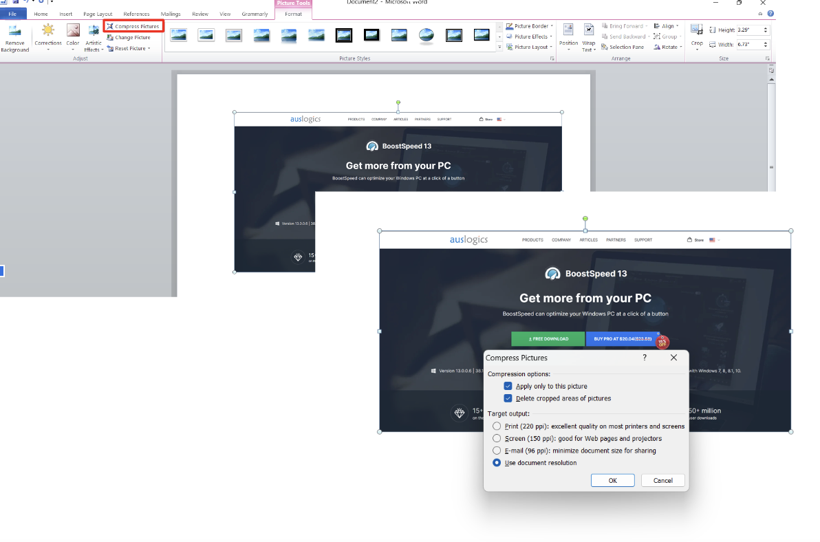 сжимать изображения в Microsoft Word