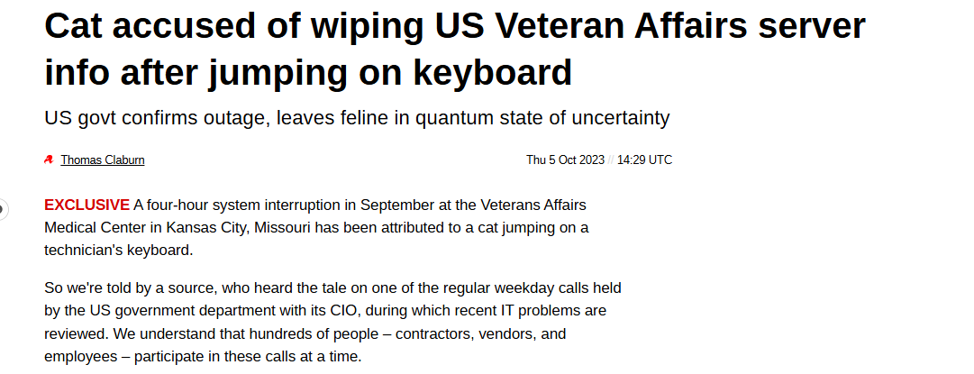 Cat accused of wiping US Veteran Affairs server info after jumping on keyboard