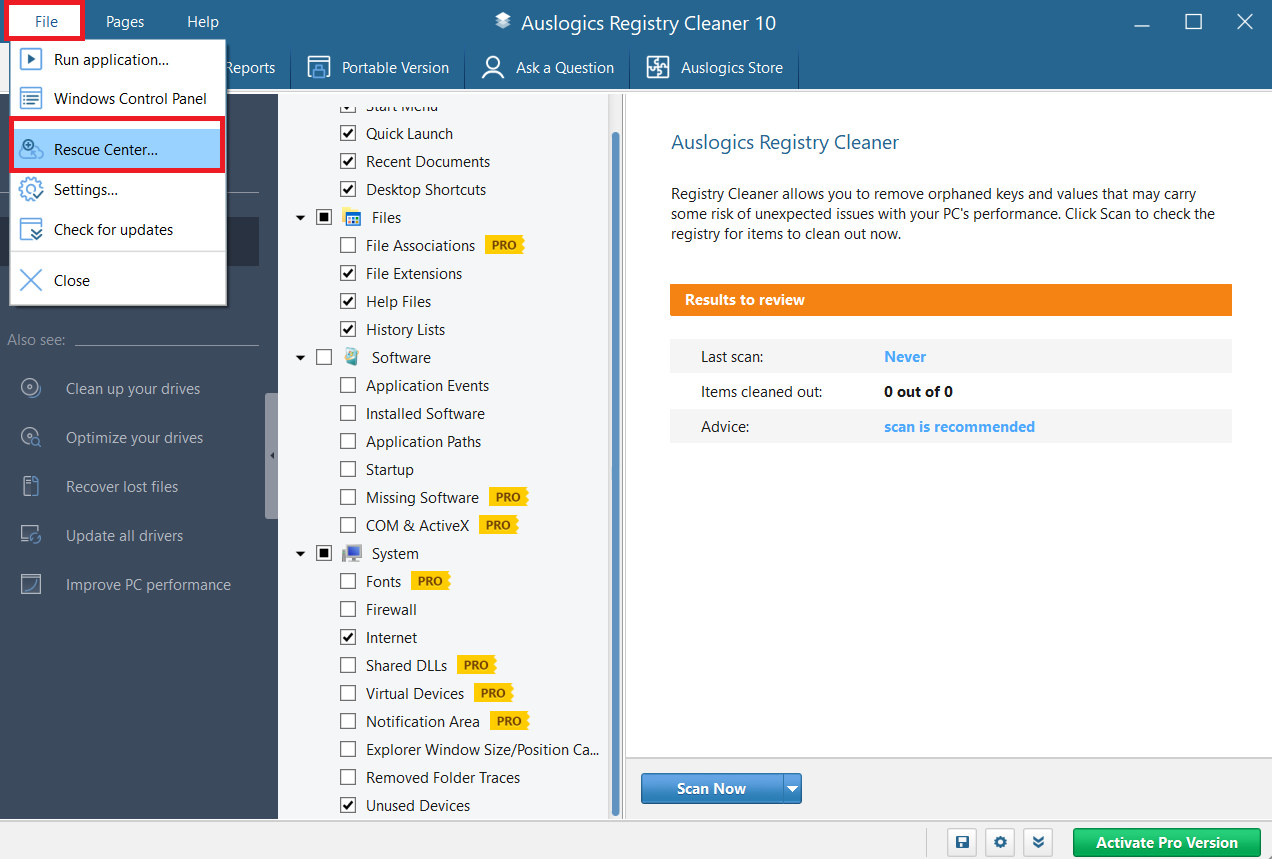 Open the program, click on File, and select Rescue Center