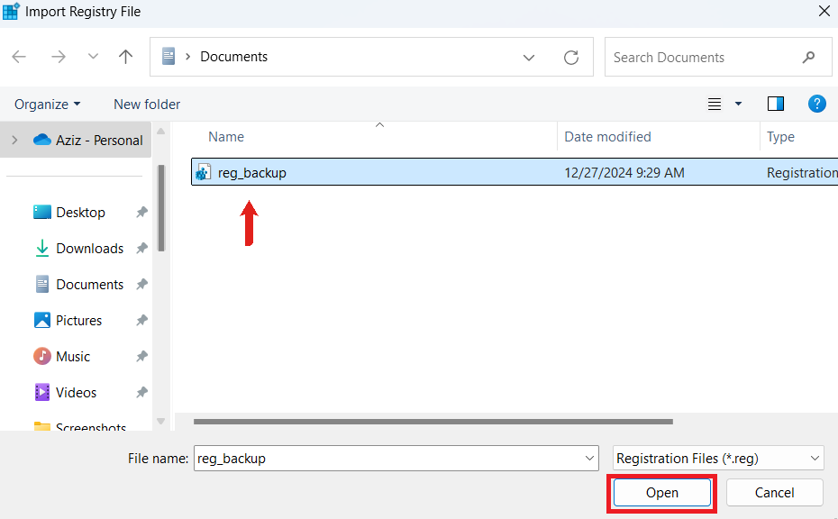Search for the location of your backup and select it. It should end with a .reg extension. Then, click Open and confirm any prompts to apply the backup