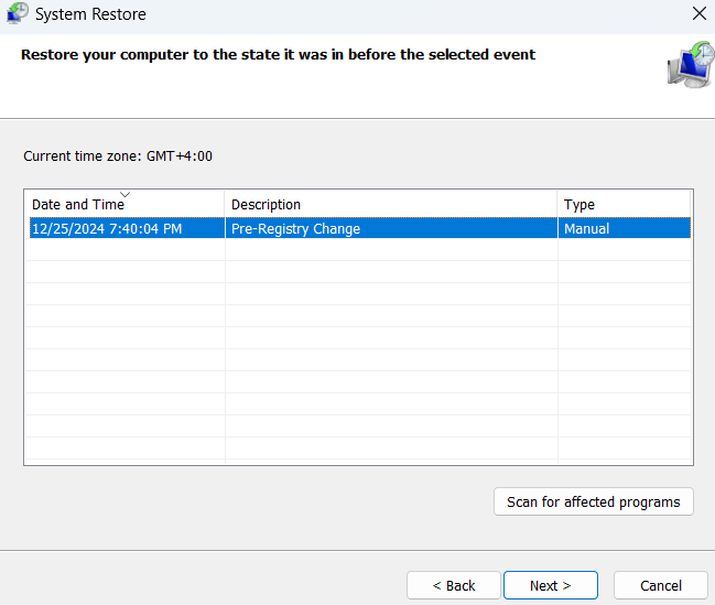 Click Next and select a restore point from the list. Look for the one created before the issue started. Then, choose Next