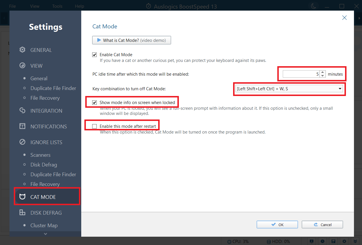 Auslogics BoostSpeed cat mode setting