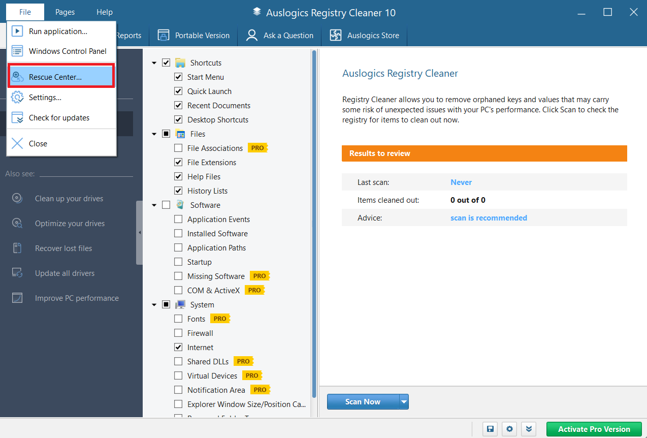 Launch Auslogics Registry Cleaner and go to Rescue Center