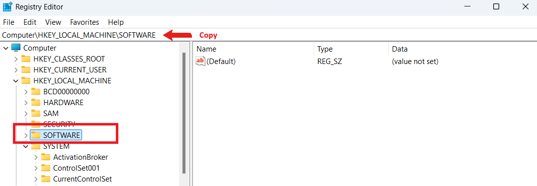 If I want to back up SOFTWARE under HKEY_LOCAL_MACHINE, I need to select SOFTWARE from the left pane and copy the path: ComputerHKEY_LOCAL_MACHINESOFTWARE