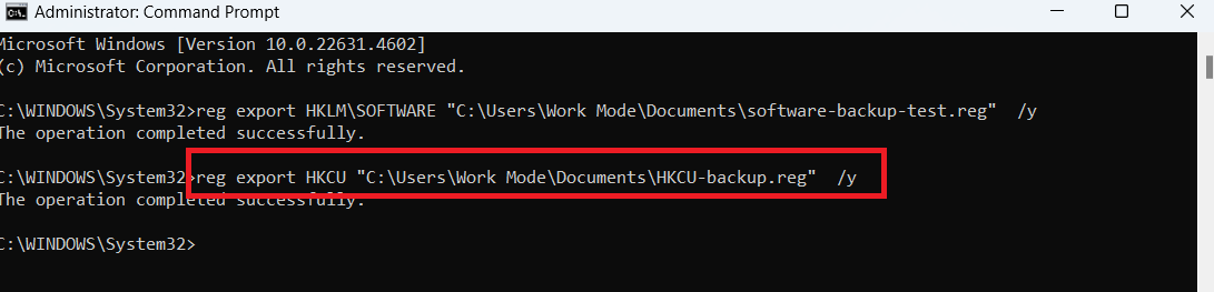 Here’s another example. If you want to back up the entire HKEY_CURRENT_USER hive, enter the following command: reg export HKCU C:UsersWork ModeDocumentsHKCU-backup.reg /y