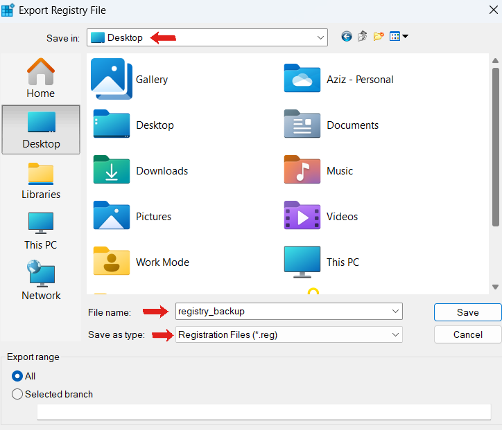 Select a file name and choose where to store the backup. Make sure to save the file type as .reg. When you’re done, click on Save to complete the backup process.