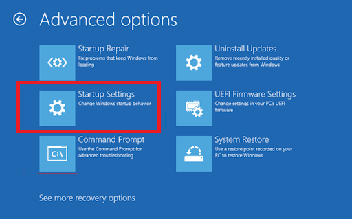 Go to Startup Settings when the Advanced options window opens