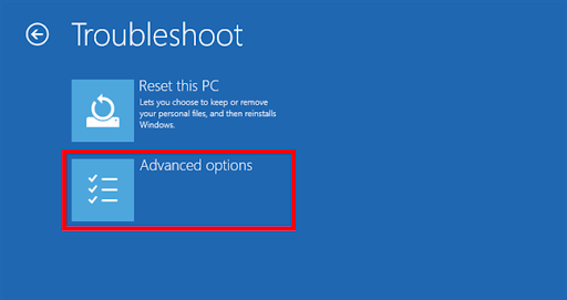 In the Advanced options screen, click on Command Prompt