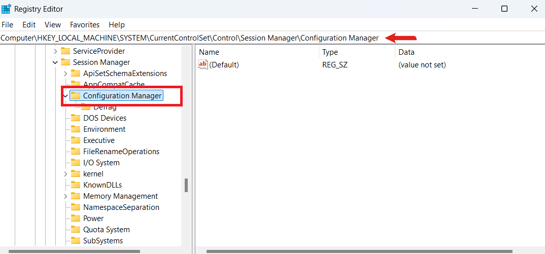 Go to the Registry Editor and navigate to this path: HKEY_LOCAL_MACHINESYSTEMCurrentControlSetControlSession ManagerConfiguration Manager