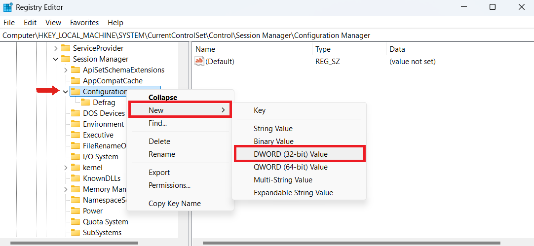 Right-click on Configuration Manager and select New > DWORD (32-bit) Value