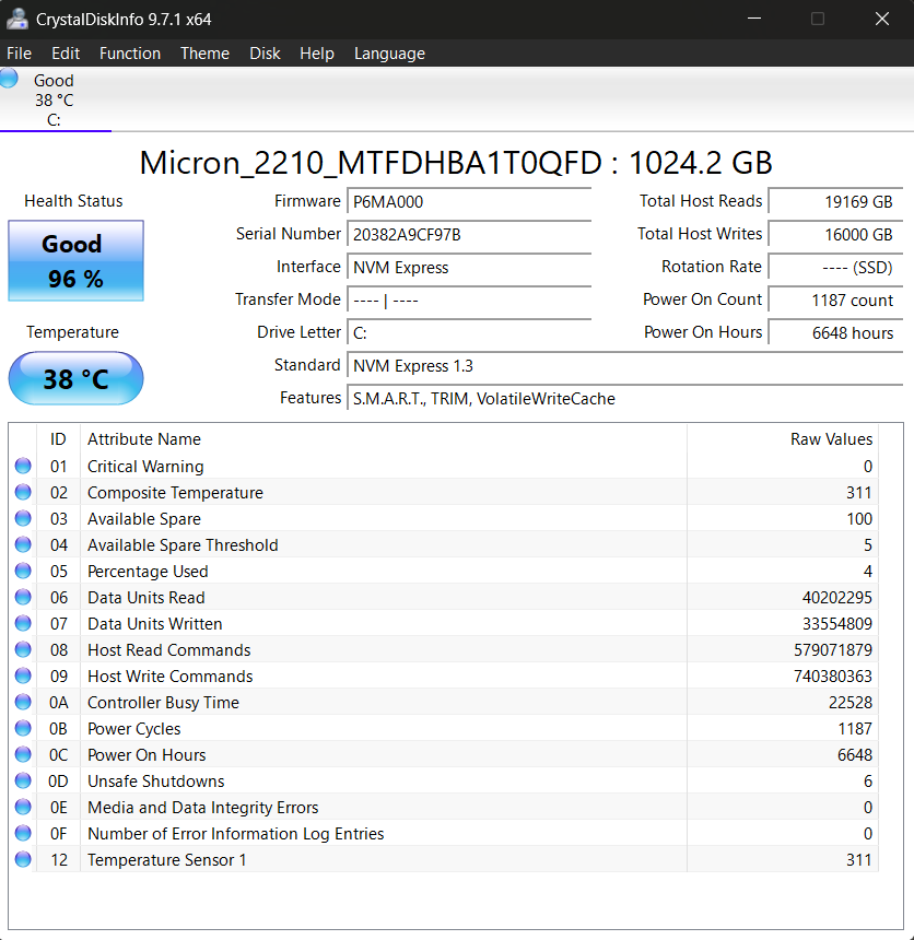 On the main screen, you can see your drive’s health status, temperature, and SMART data