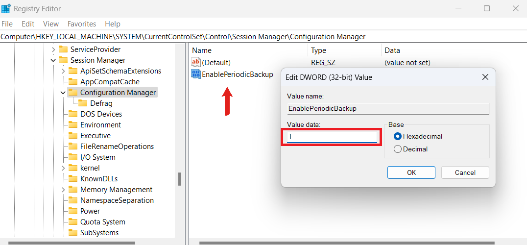 Name the DWORD EnablePeriodicBackup. Then, double-click on it and set its Value data to 1