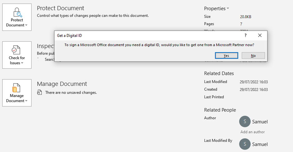 If you don’t have a digital signature, Word will show you the Get a Digital ID dialogue, asking you to get a certificate from a Microsoft Partner.