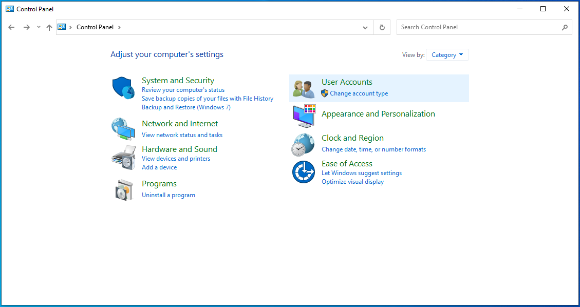 User Accounts in control panel