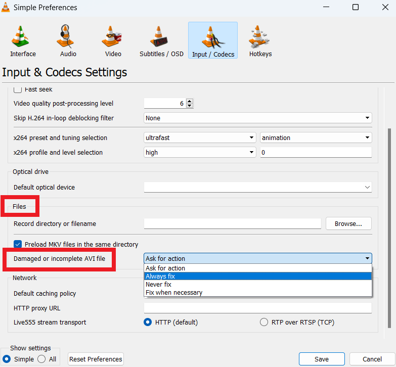 VLC damaged or incomplete AVI file