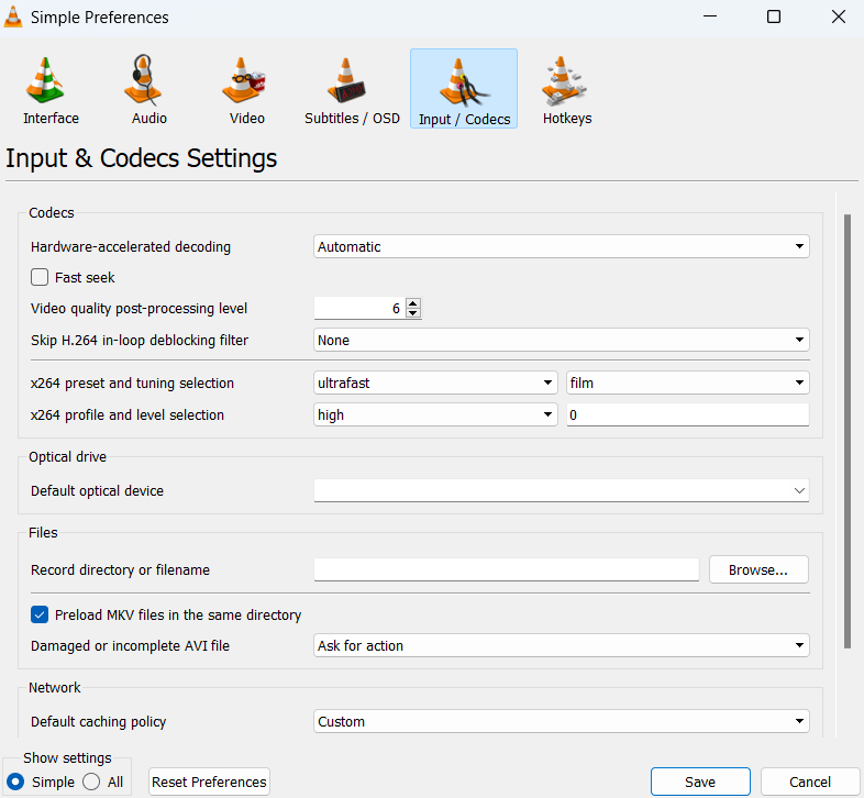 VLC media player simple preferences