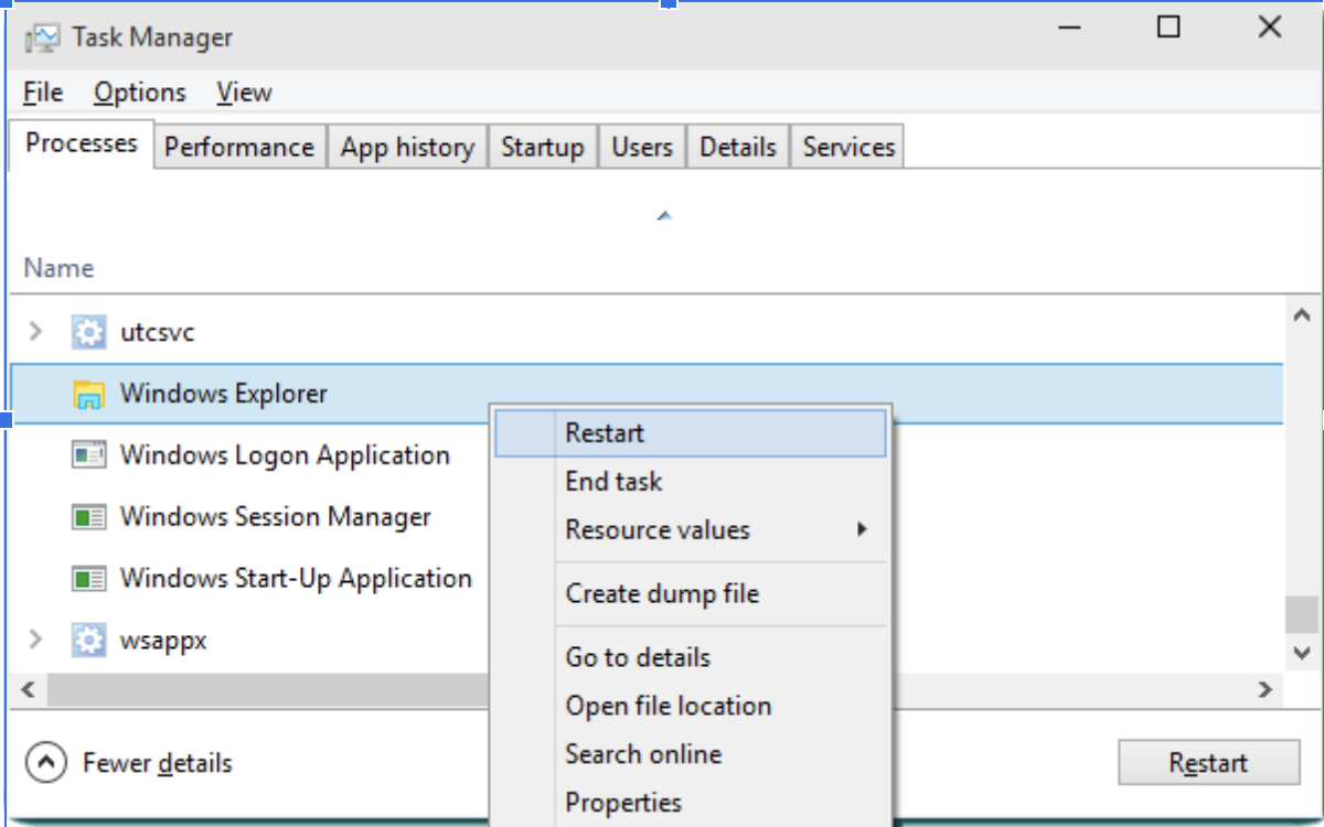Right-click <em>Windows Explorer</em> and select <em>End task</em>