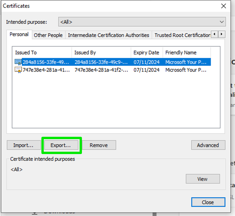 Once the Certificates dialog opens, choose an active certificate and select Export.