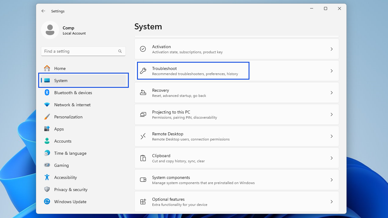 Click on System, then Troubleshoot.