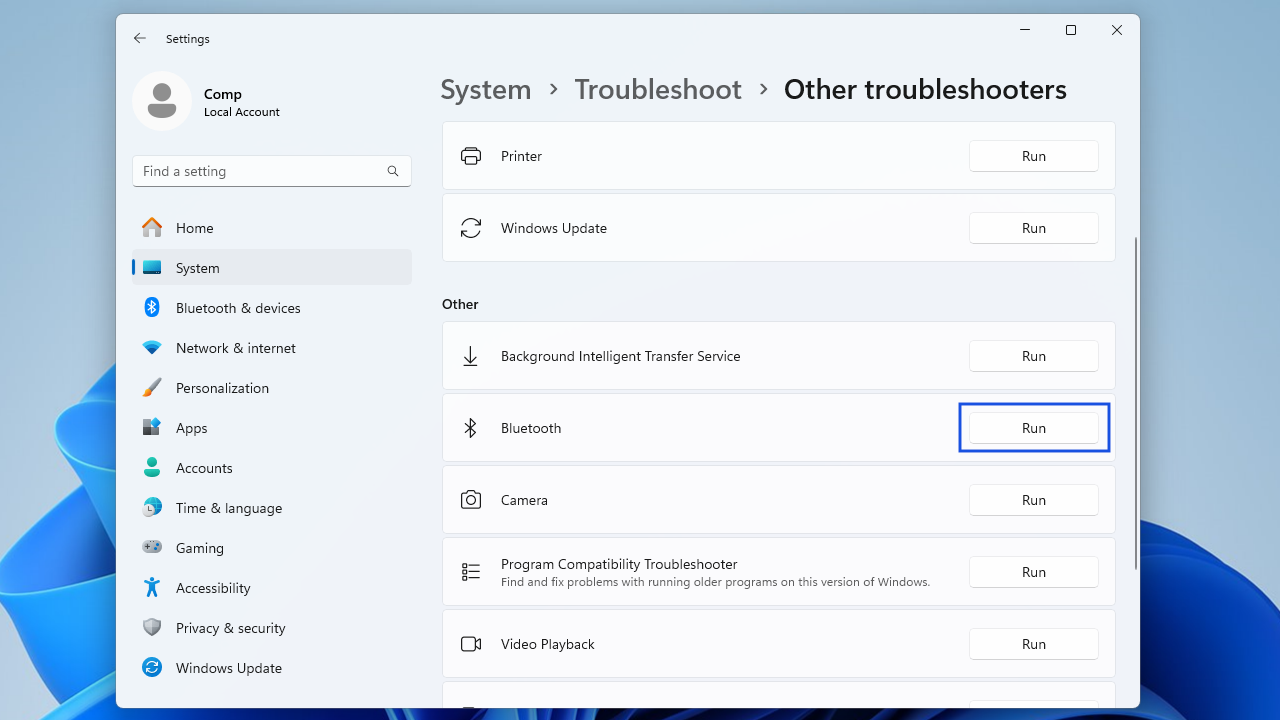 Go to Other troubleshooters and run the Bluetooth troubleshooter.