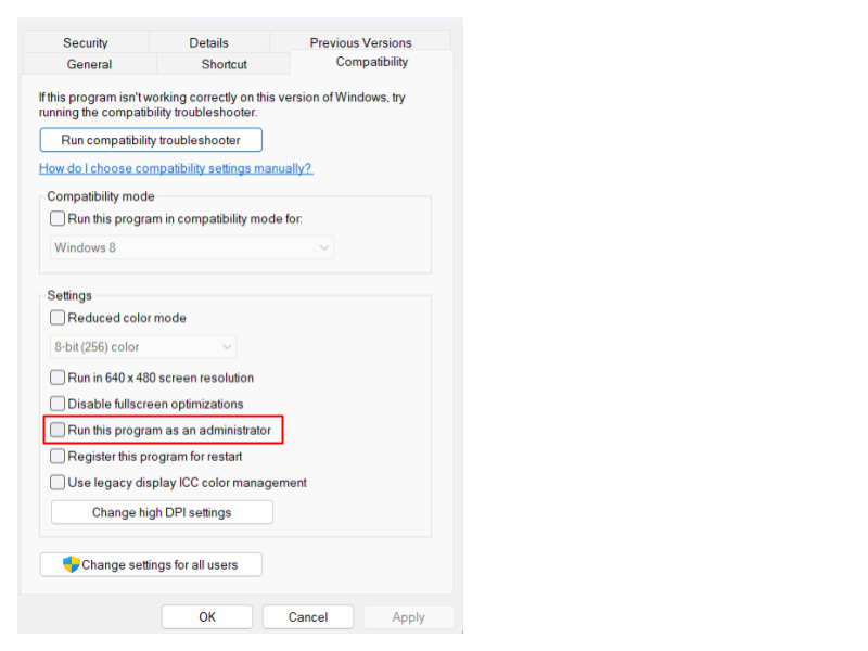 Navigate to the <em>Compatibility</em> tab. In the <em>Settings</em> section, find and check the <em>Run this program as an administrator</em> box