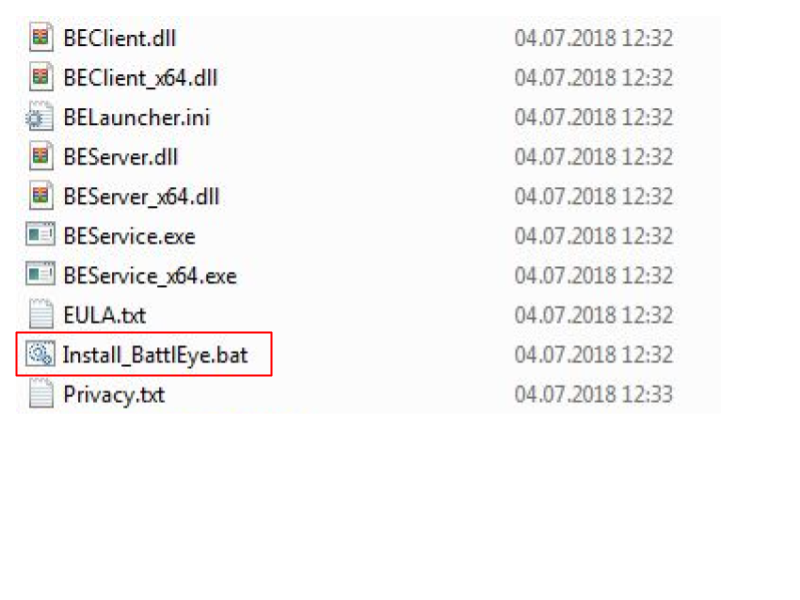 Locate and launch <em>install_BattlEye.bat</em> or <em>install_BattlEye</em>