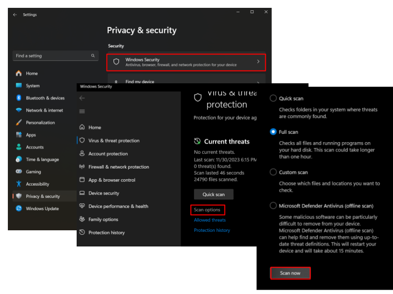 Under Virus & threat protection, find and click <em>Scan options</em>. Choose <em>Full scan</em> and click <em>Scan now</em>
