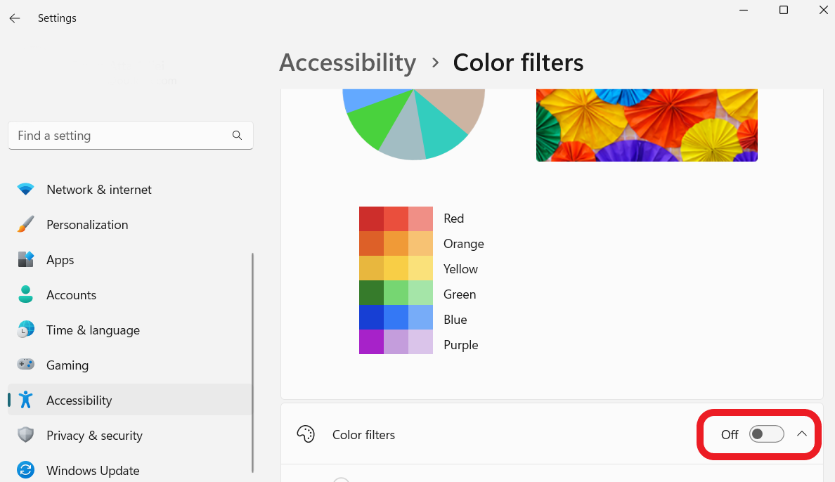 Специальные возможности Цветовые фильтры выключены