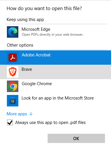 When the apps list appears, select your preferred app, check the box beside Always use this app to open files, and click the OK button.