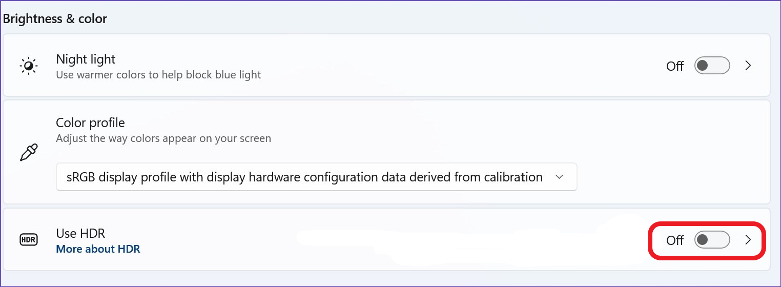 Яркость и цвет Использовать HDR выкл.
