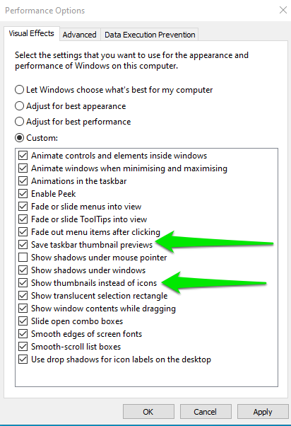 Next, check the boxes next to Save taskbar thumbnail previews and Show thumbnails instead of icons.