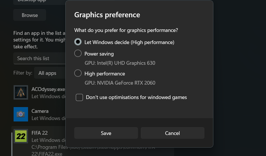 Choose graphics preference