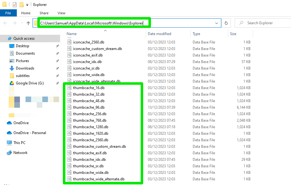 Now, select the thumbnail files (thumbcache.db) and delete them. After selecting them, hold the Shift button and select Delete.