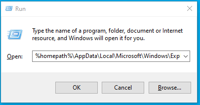 Type the following into the text box and hit the Enter button:%homepath%AppDataLocalMicrosoftWindowsExplorer